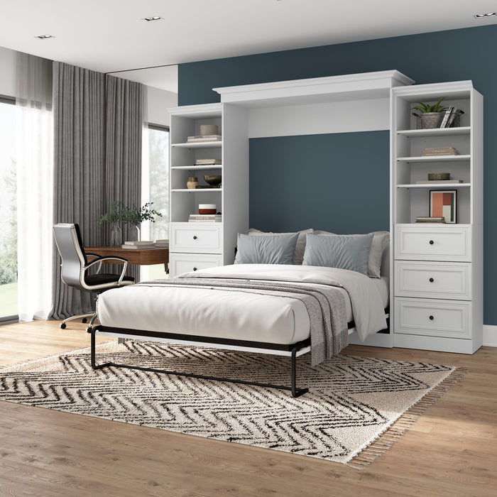 Bestar Versatile Queen Murphy Bed and Two Closet Organizers with Drawers (115 W) - White