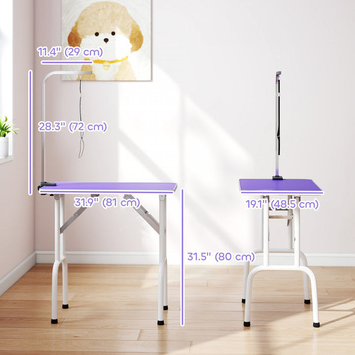 PawHut 32in Foldable Dog Grooming Table for Small Dogs, Pet Grooming Table for Dogs Cats with Adjustable Arm, Non-Slip Surface, Purple