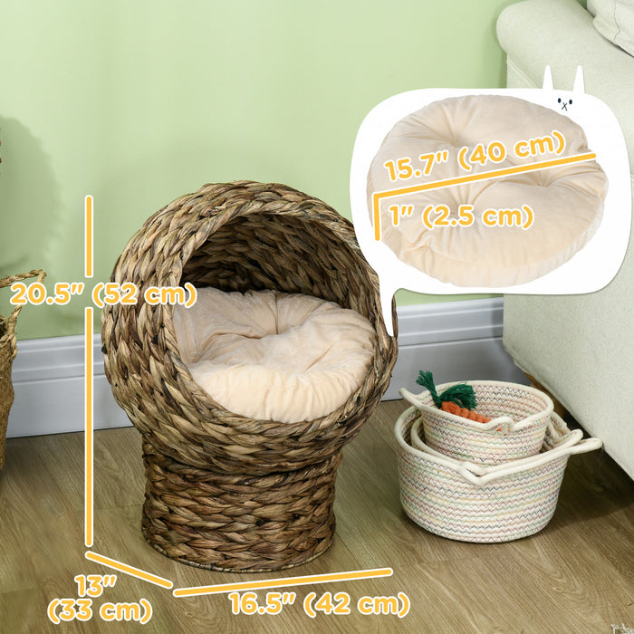 Pawhut Wicker Cat Bed, Elevated Rattan Kitten Bed With Cushion, Cat Egg Chair Kitty House With Stand For Indoor Cats, Grey