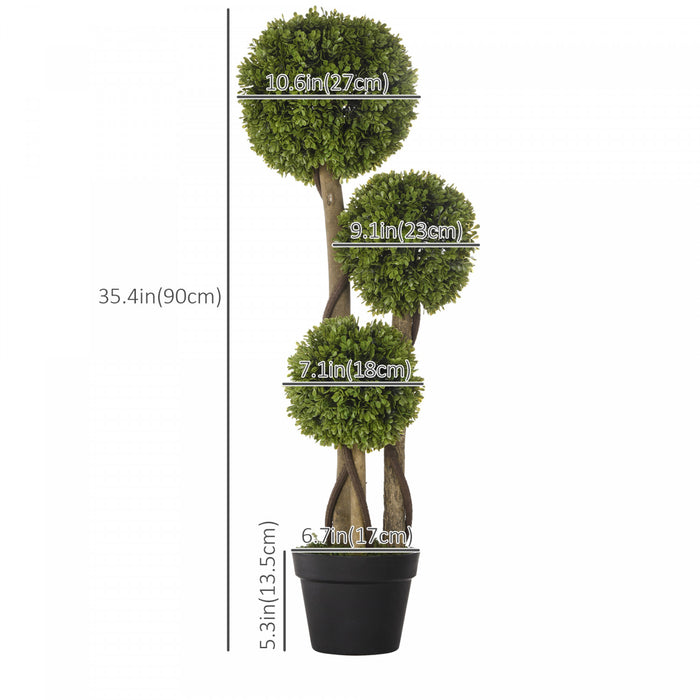 HOMCOM 35 Inch Artificial Boxwood Triple Ball Topiary Tree, Green