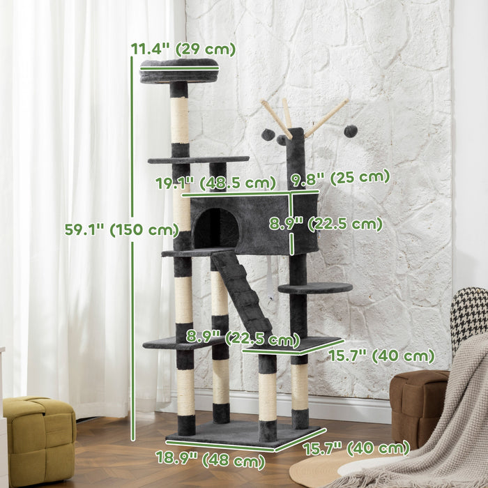 PawHut 59 Inch Cat Tree, Large Multi-Level Cat Tower with Sisal Scratching Posts, Cozy Condo, Top Perch, Ladder and Interactive Balls for Indoor Kittens, Dark Grey