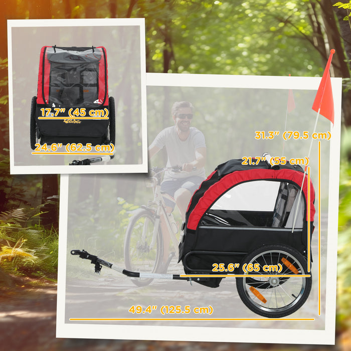 Qaba Bike Trailer for Kids, Baby Bicycle Trailer with 16\" Rubber Wheels, 5-Point Harness, Storage Pocket, Waterproof Cover, Safety Flag, Reflectors, for 18+ Months, Red