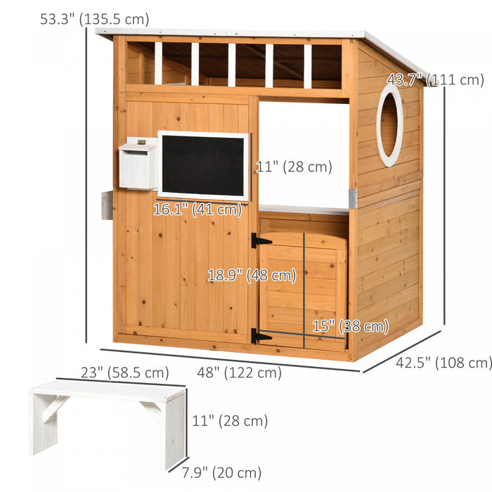 Outsunny Wooden Outdoor Playhouse for Kids with Working Door, Windows, Mailbox, Bench, Flowers Box and Blackboard for Age 3-8, Yellow