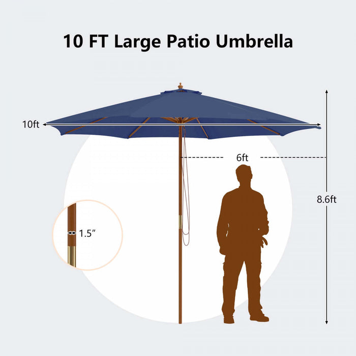 Costway 10FT Patio Wooden Market Table Umbrella Pulley with 8 Bamboo Ribs Sunshade Canopy Navy