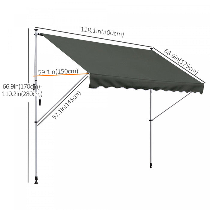 Outsunny 10x5ft Manual Retractable Awning, Patio Sun Shade Canopy Shelter With 5.6-9.2ft Support Pole, Water Resistant Uv Protector, For Window, Door, Porch, Deck, Grey