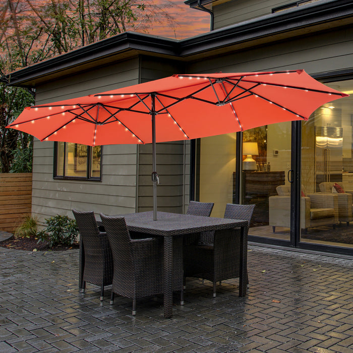 Costway 15FT Twin Patio Double-Sided Umbrella 48 Solar LED Lights Crank Outdoor Orange