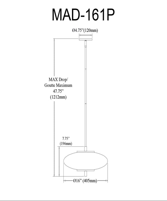 Dainolite Maddie LED Pendant 20w Matte Black Opal White Glass Lamp