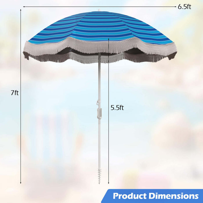 Goplus 6.5 FT Outdoor Fringe Patio Umbrella with Carrying Bag Push Button Tilt for Garden Navy