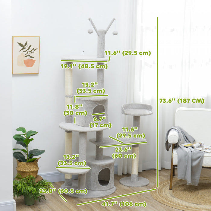 Pawhut 73.5\" Tall Cat Tree, Multi-level Cat Tower For Indoor Cats With Scratching Posts, Cat Condos, Bed, Platforms, Toy Balls, Cat Activity Center, Light Grey