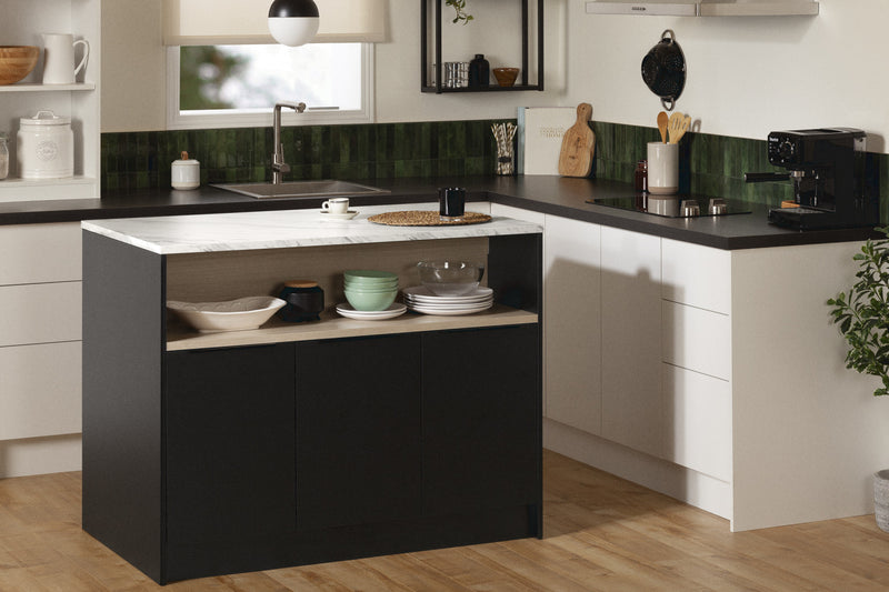 Olio Kitchen Island With Open Storage Shelf - Matte Black And Faux White Marble 