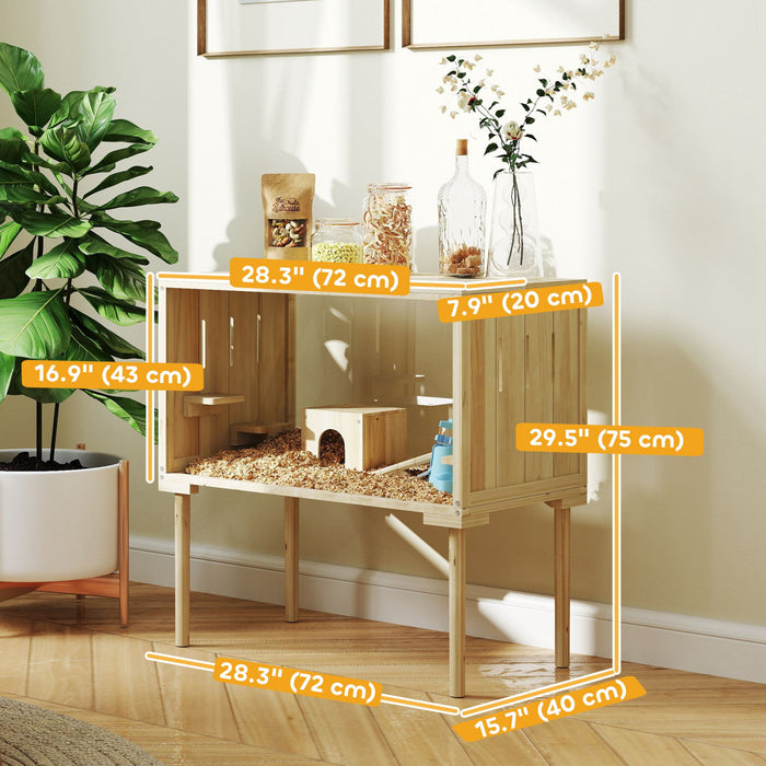 Pawhut Large Hamster Cage, 28\"length Wooden Hamster Cage For Syrian, Dwarf, Gerbil, Hamster Habitat With Seesaw, Water Bottle, Food Dish, Hut, Transparent Panel For Easy Observe