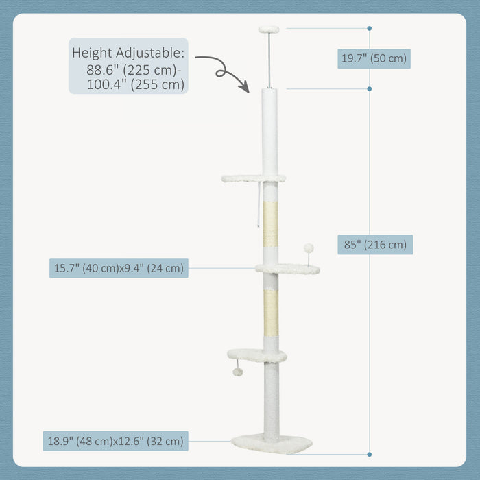 Pawhut Floor To Ceiling Cat Tree With Scratching Posts, 88.5\"-100.5\" Adjustable Height Cat Tower With Cloud Shaped Platforms, Dangling Balls, White