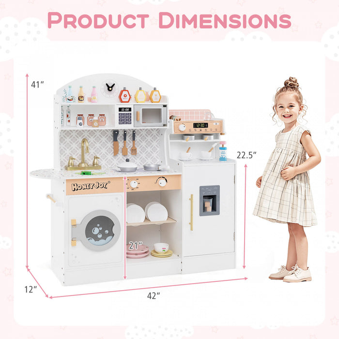 Honeyjoy Kids Kitchen Set Wooden Kitchen Playset With Clock, Microwave, Sink, Dish Rack White