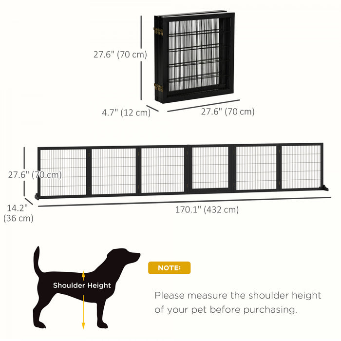Pawhut Wooden Pet Gate, Dog Safety Barrier, Freestanding Foldable Fence, W/ 6 Panels, 2 Support Feet, For House Doorway Stairs, Small & Medium Dogs, Black