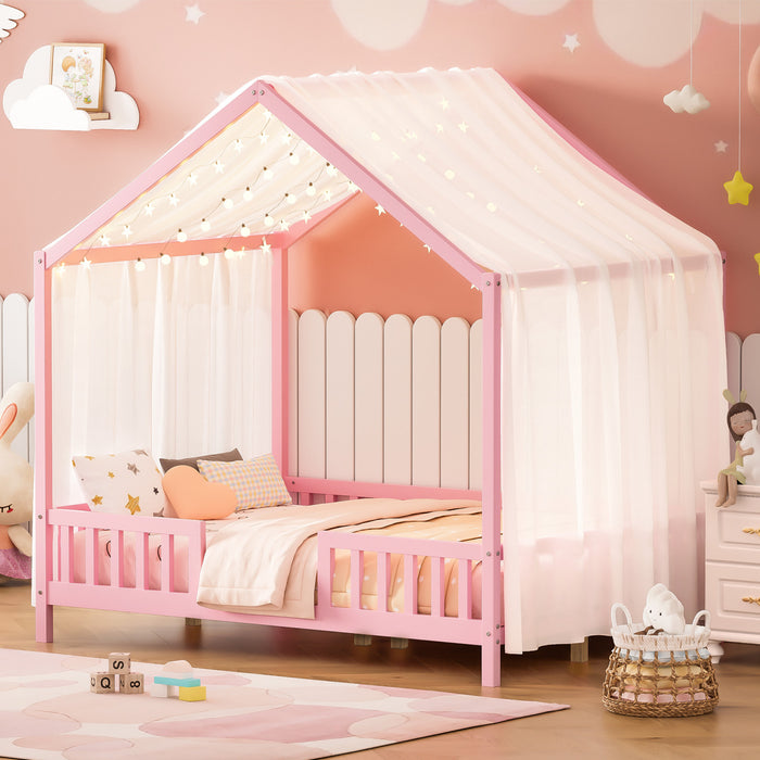 Paul Montessori Floor Bed with Canopy and High Railings,Full Size, Pink Full Bed