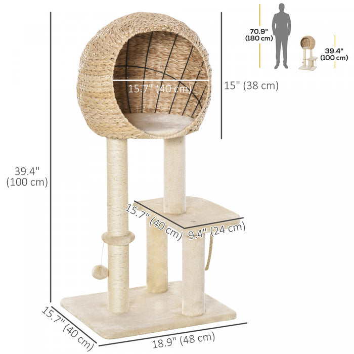 Pawhut 39\" H Cat Tree, Multi-level Cat Tower With Sisal Scratching Post, Condo, Plush Perch, Hanging Rope And Hanging Ball, Beige