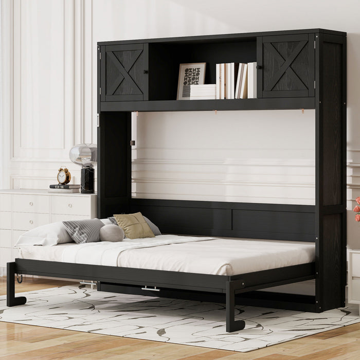 Ethan Solid Wood Murphy Bed with Storage Cabinets,Queen Size,Black Queen Bed
