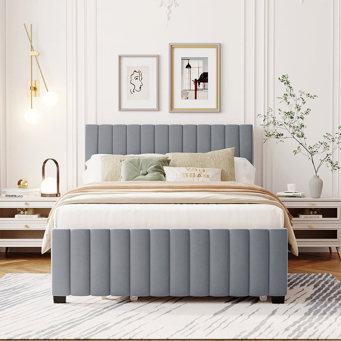 Ethan Space-Saving Velvet Upholstered Platform Bed with Trundle,Full Size,Grey Full Bed