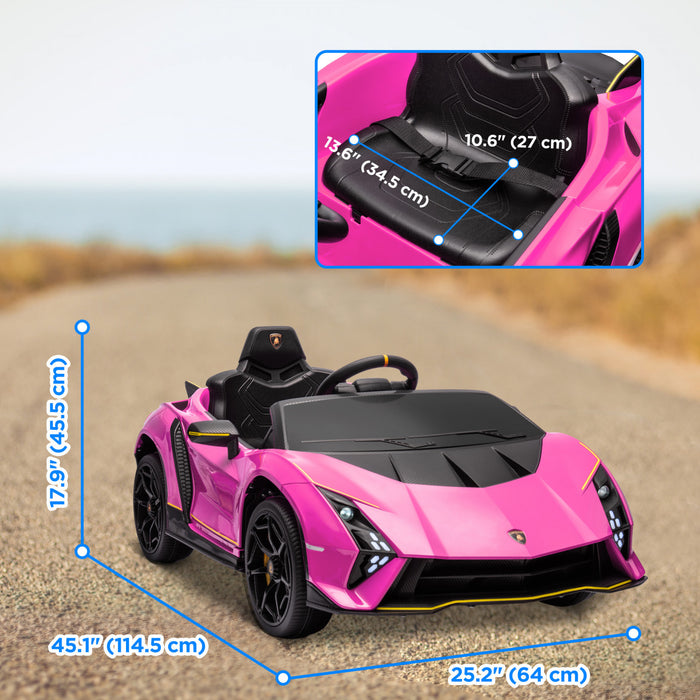 Qaba 12v Electric Car For Kids, Battery Powered Ride-On Lamborghini Autentica Licensed Kids Car With Butterfly Doors, Remote Control, 4 Wheels Spring Suspension, Soft Start, Lights, Pink