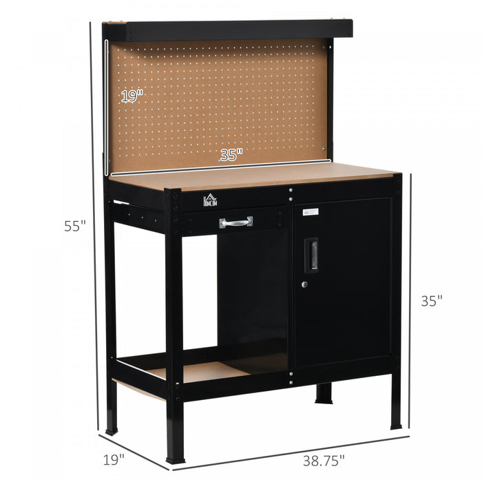 Homcom Garage Workbench With Storage Drawer, Peg Board, Lockable Cabinet