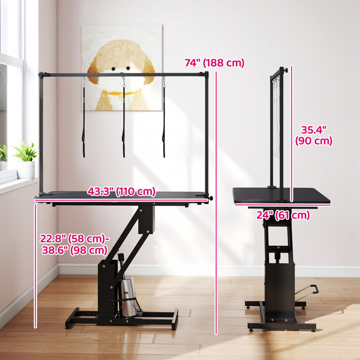 PawHut 43\" L Hydraulic Dog Grooming Table, Z-Lift Height Adjustable Pet Grooming Table with Noose and Non-Slip Tabletop for Medium Large Dogs, Black
