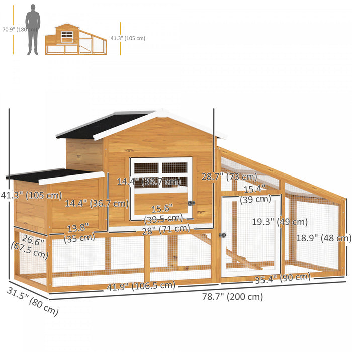 PawHut 79\" Wooden Chicken Coop, Outdoor Hen House, Poultry Habitat with Removable Tray, Nesting Box, Run, Ramp, Brown