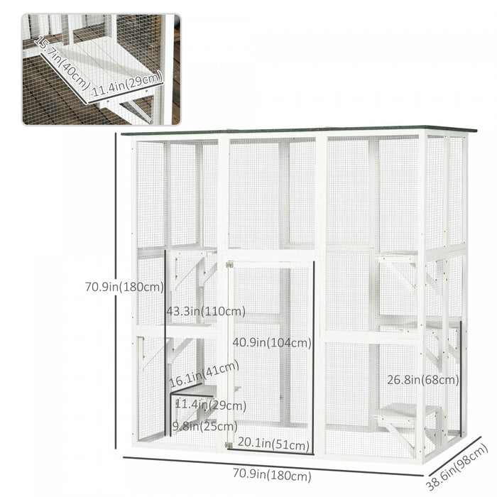 Pawhut Large Outdoor Catio Enclosure, Weatherproof Cat House With Asphalt Roof, Wooden Cat Patio Cage With 6 Balanced Platforms, 71\" X 39\" X 71\", White