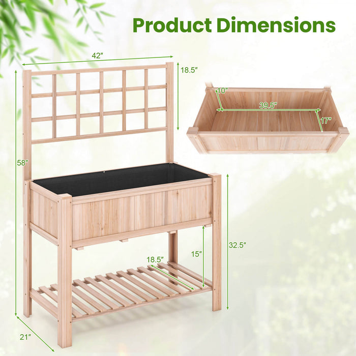 Costway Raised Garden Bed Elevated Wooden Planter Box W/ Trellis & Open Storage Shelf