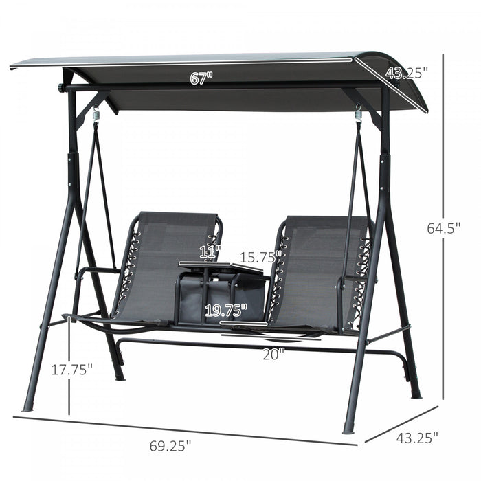 Outsunny 2 Person Patio Swing Chair Porch Swings Bench Swing Glider With Pivot Storage Table, Cup Holder, & Adjustable Overhead Canopy, Gray
