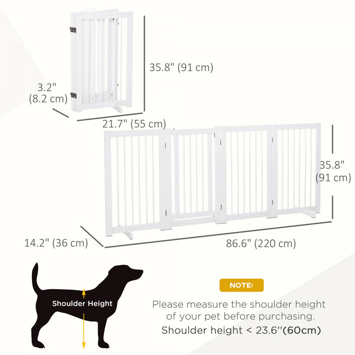 Pawhut Wooden Dog Gate, 4 Panel 36\"tall Foldable Pet Gate With 2 Support Feet For Medium And Large Dogs, For Stairway, Doorway, Hallway, White