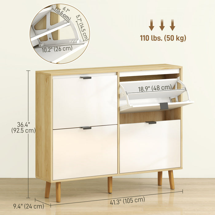 HOMCOM Narrow Shoe Cabinet, 4 Flip Drawers Shoe Storage Cabinet, White