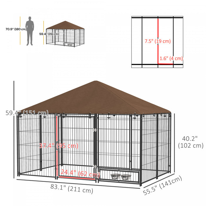 Pawhut Dog Run, 6.9' X 4.6' X 5' Outdoor Dog Kennel With Canopy, Rotating Bowls, Door For Backyard & Garden, Coffee