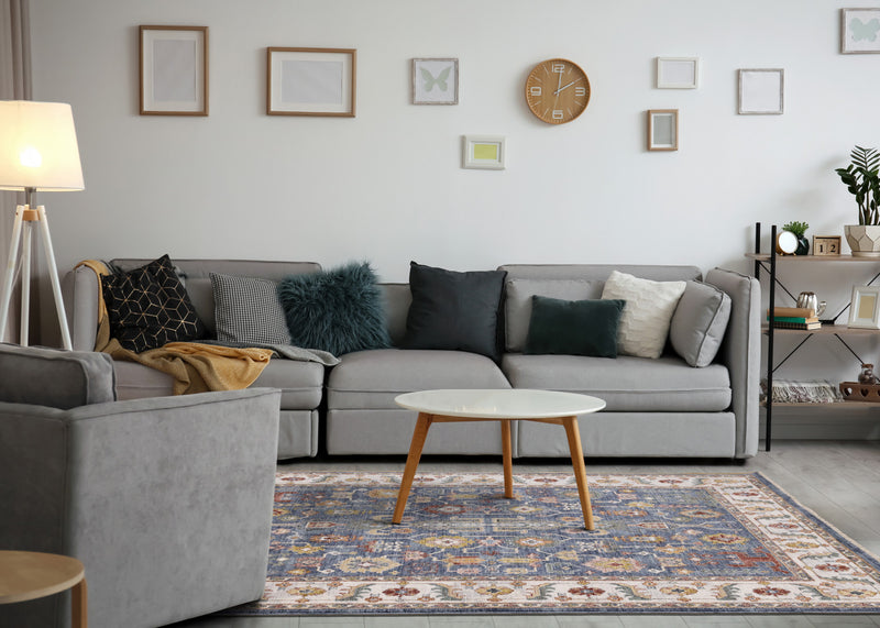 Olivia Blue Modern Tribal Inspired Border Rug, 5'3\" x 7'10\" Indoor Area Rug
