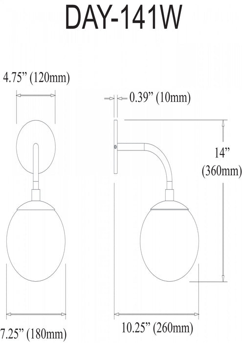 Dainolite Dayana 1 Light Wall Sconce Down Light Aged Brass White Glass Lamp
