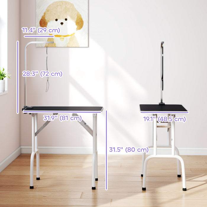 PawHut 32in Foldable Dog Grooming Table for Small Dogs, Pet Grooming Table for Dogs Cats with Adjustable Arm, Non-Slip Surface, Black