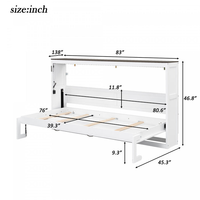 Olivia Solid Wood Murphy Bed with LED Light and Foldable Cabinet,Twin Size,White Twin Bed