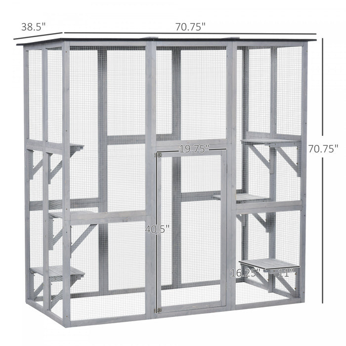Pawhut Large Outdoor Catio Enclosure, Weatherproof Cat House With Asphalt Roof, Wooden Cat Patio Cage With 6 Balanced Platforms, 71\" X 39\" X 71\", Grey