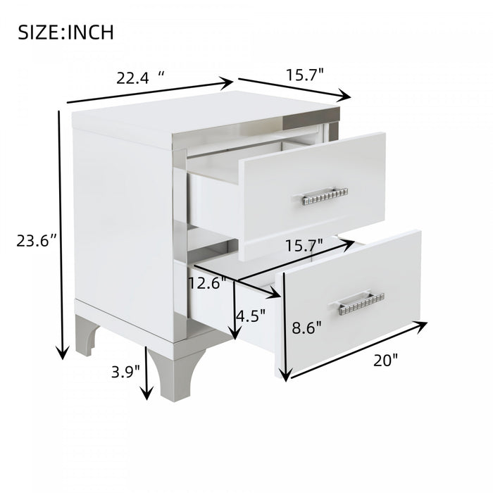 Sophia High Gloss Nightstand with 2 Drawers and Metal Handles,White