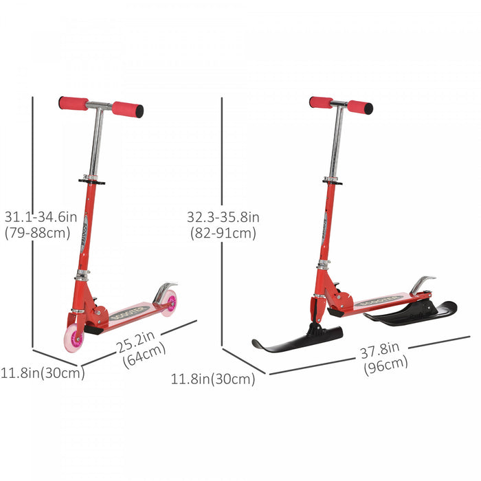 Qaba Snow Scooter, 2 In 1 Design Adjustable Height Scooter Snow Sled For Kids Aged Over 7 Years Old, Kids Sled Ski Scooter With Wheels Blades, Red
