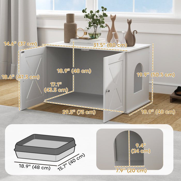 Pawhut Cat Litter Box Enclosure, Hidden Washroom Furniture With Doors, Cat Hole, Handles, Indoor Pet House Side End Table Fit Most Of Cat And Litter Box, 31.5\" X 19\" X 20\", White