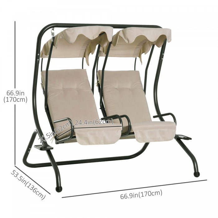 Outsunny 2-seat Patio Swing Chair W/ Removable Canopy & Cup Holders, Beige