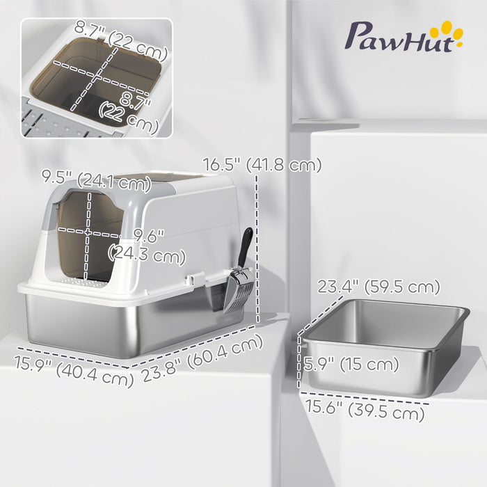 Pawhut Stainless Steel Litter Box With Lid, Enclosed Kitty Litter Box With High Sided, Front-entry And Top-exit, Scoop, Deodorizer Bag, Non-sticky And Easy To Clean, For Big Cats