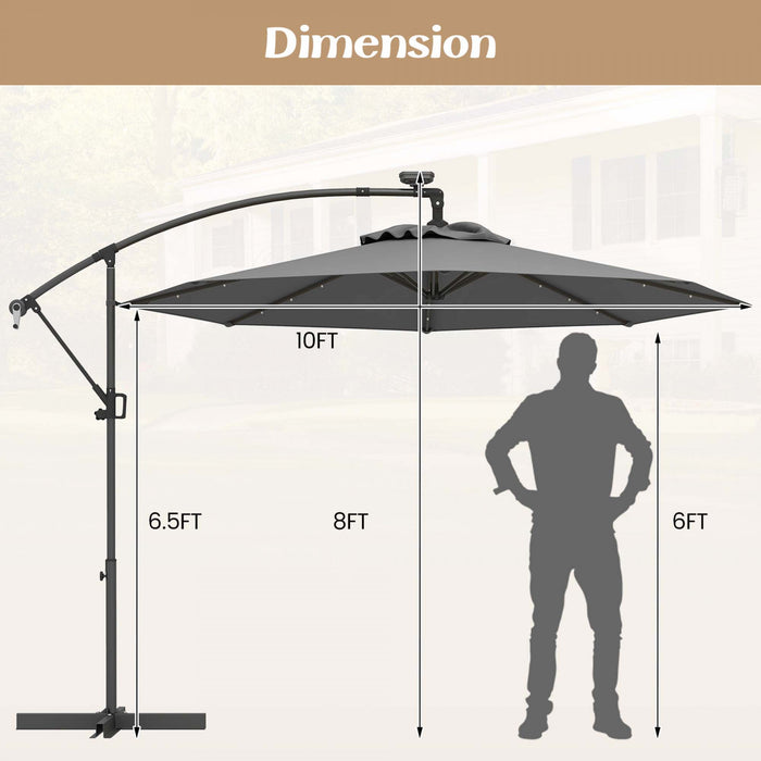 Costway 10FT Patio Offset Umbrella Sun Shade Solar Powered LED 360° Rotation Gray