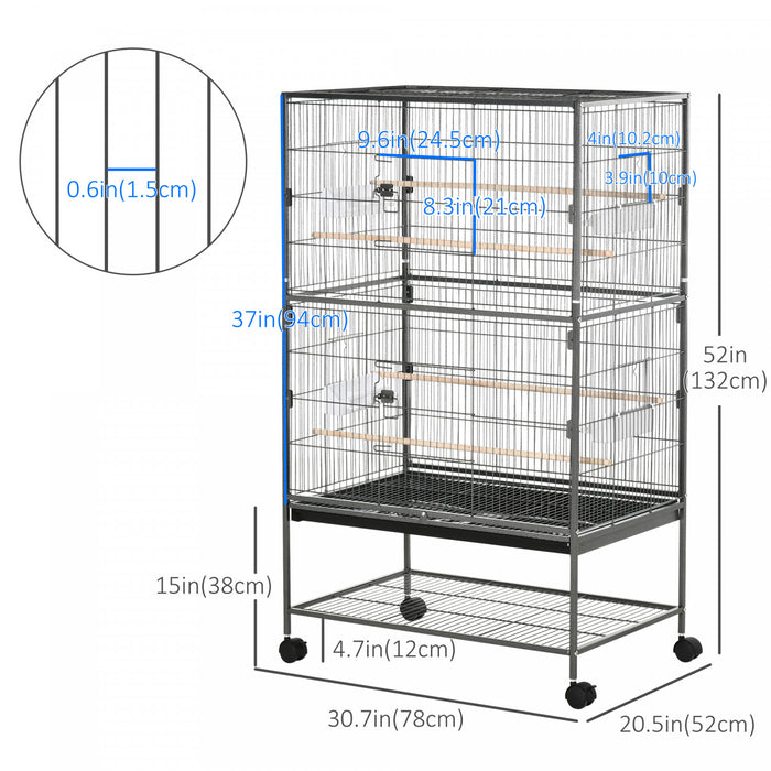 Pawhut 52\" Large Rolling Steel Bird Cage Bird House With Rolling Stand, Storage Shelf, Wood Perch, Food Container, Dark Grey