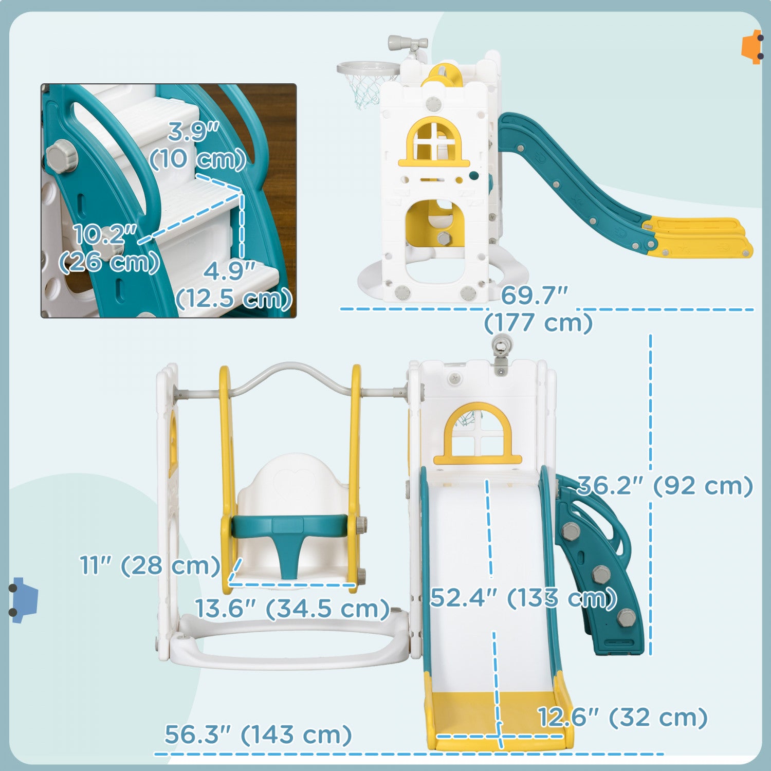 Qaba 6-in-1 Slide And Swing Set With Basketball Hoop, Climber