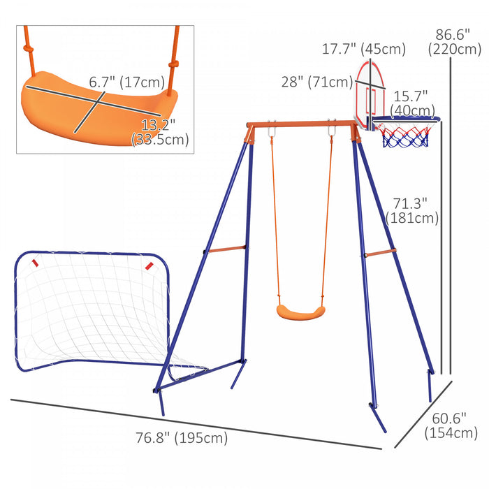 Outsunny Swing Set For Kids Outdoor 3 In 1 Metal Swing Frame With Swing Seat, Basketball Hoop And Football Goal, Ground Stakes For 3-8 Years Old