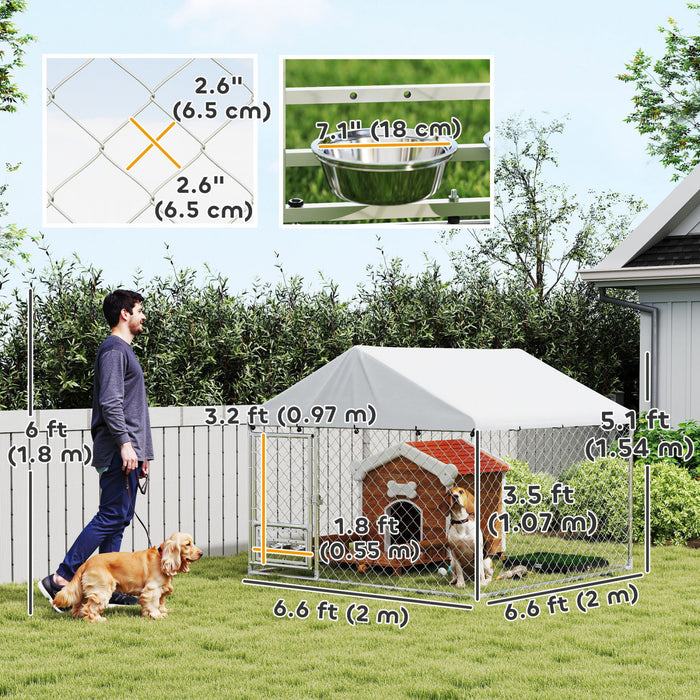 Pawhut Outdoor Dog Kennel With Roof, Heavy Duty Dog Run Outdoor Fence Cage With Adjustable & Rotating Bowls, Waterproof Uv-resistant Cover, Secure Lock, 6.6' X 6.6' X 5.1'