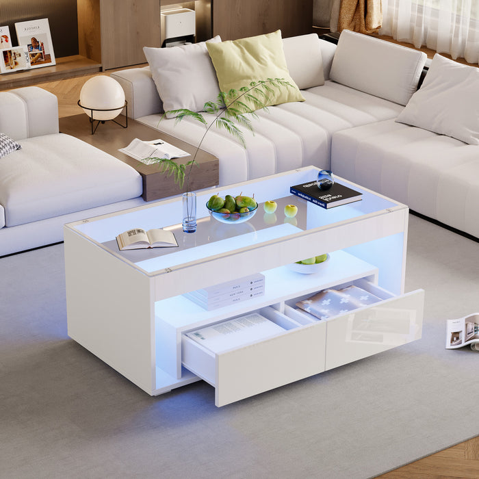 Emily Coffee Table with LED Lights and Open Storage,White