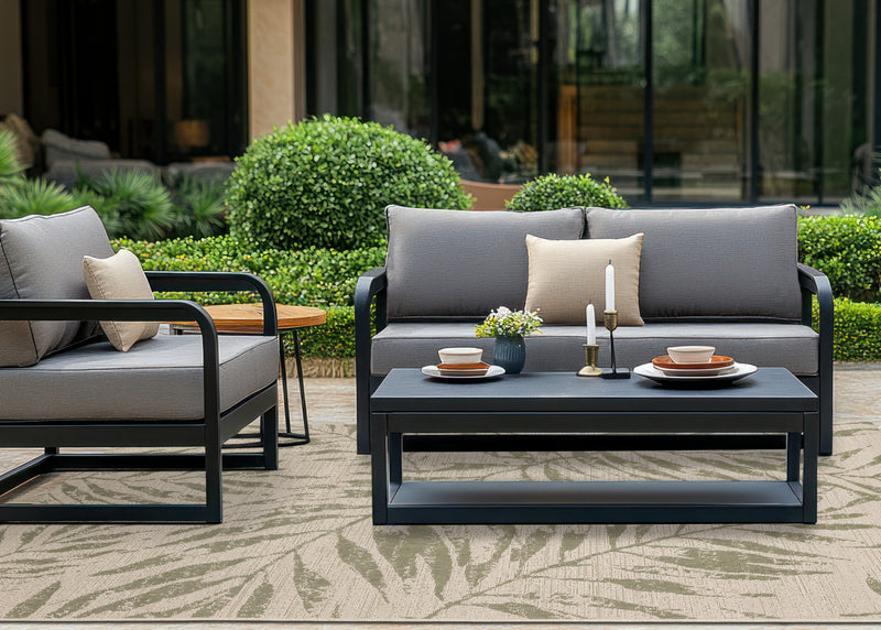 Jackson Taupe White Elegant Border Outdoor Rug, 6'7\" x 9'6\" Outdoor Area Rug