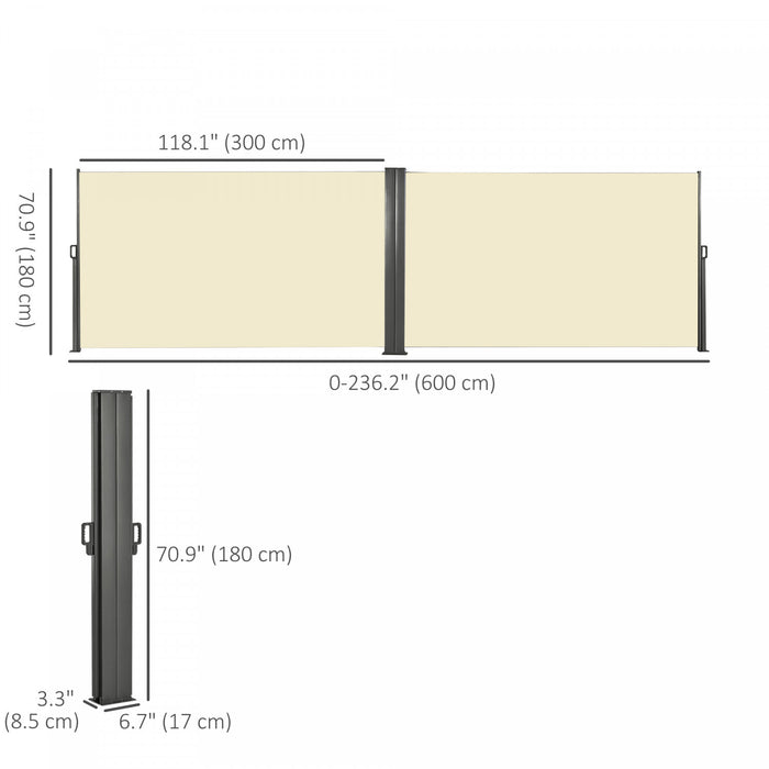 Outsunny Double Retractable Side Awning 236\" X 71\" Patio Screen Cream White